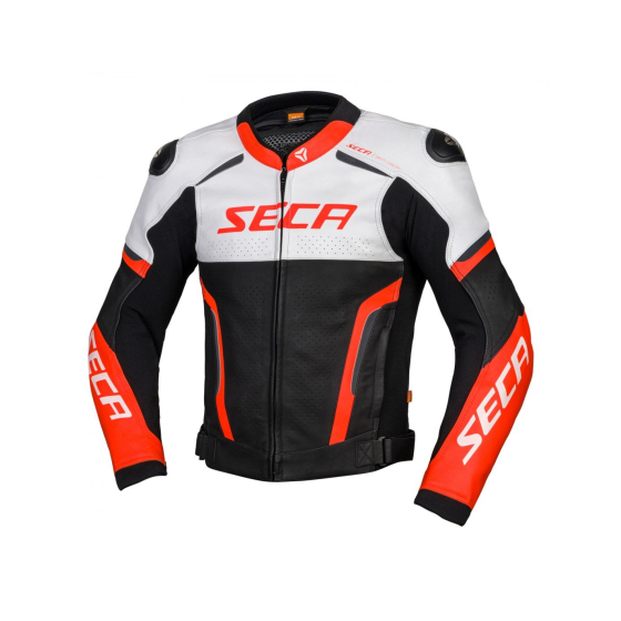 Кожено мото яке SECA HOOLIGAN WHITE/FLUO RED
